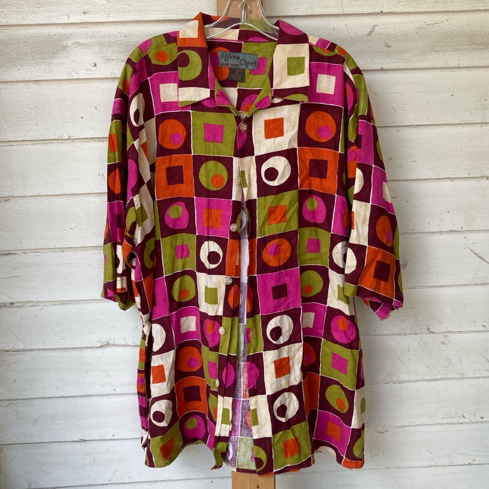 Colorful Retro Geometric Button-Up Shirt - Pink, Green, Orange